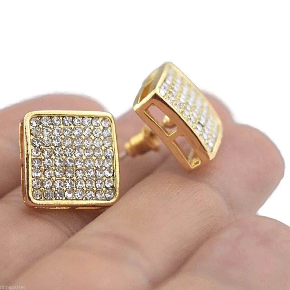 Micro Pave Large Gold Iced Out Mens Square Earring